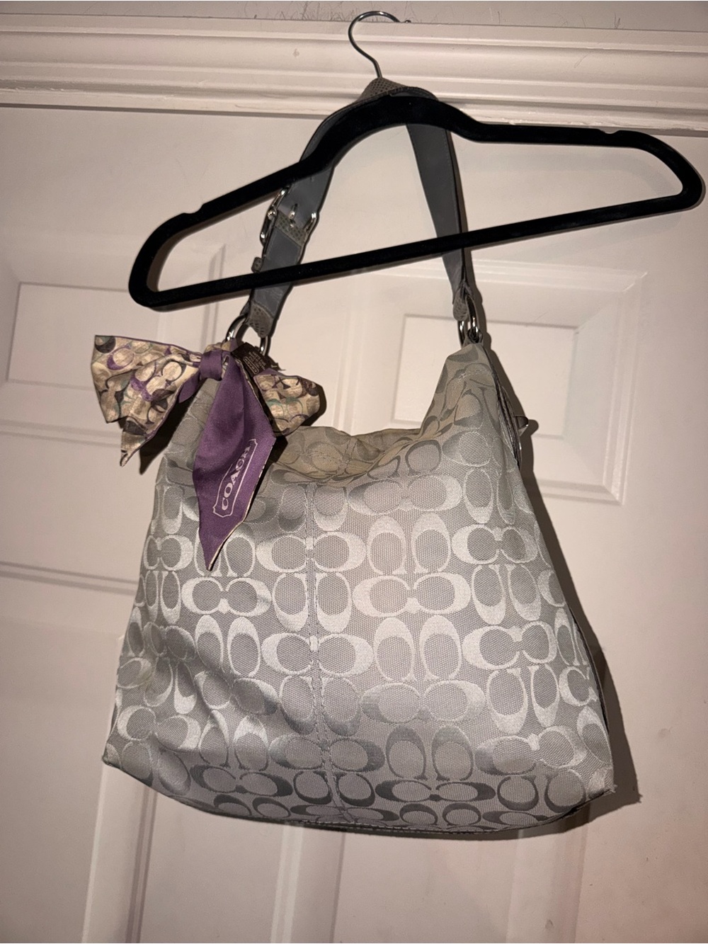 Coach Silver Signature Jacquard Shoulder Bag with Purple Scarf Accent
